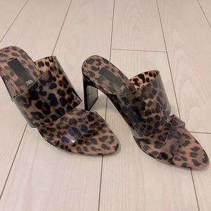 Zara Leopard Print Mules Transparent Brown Smokey Heels Size 7